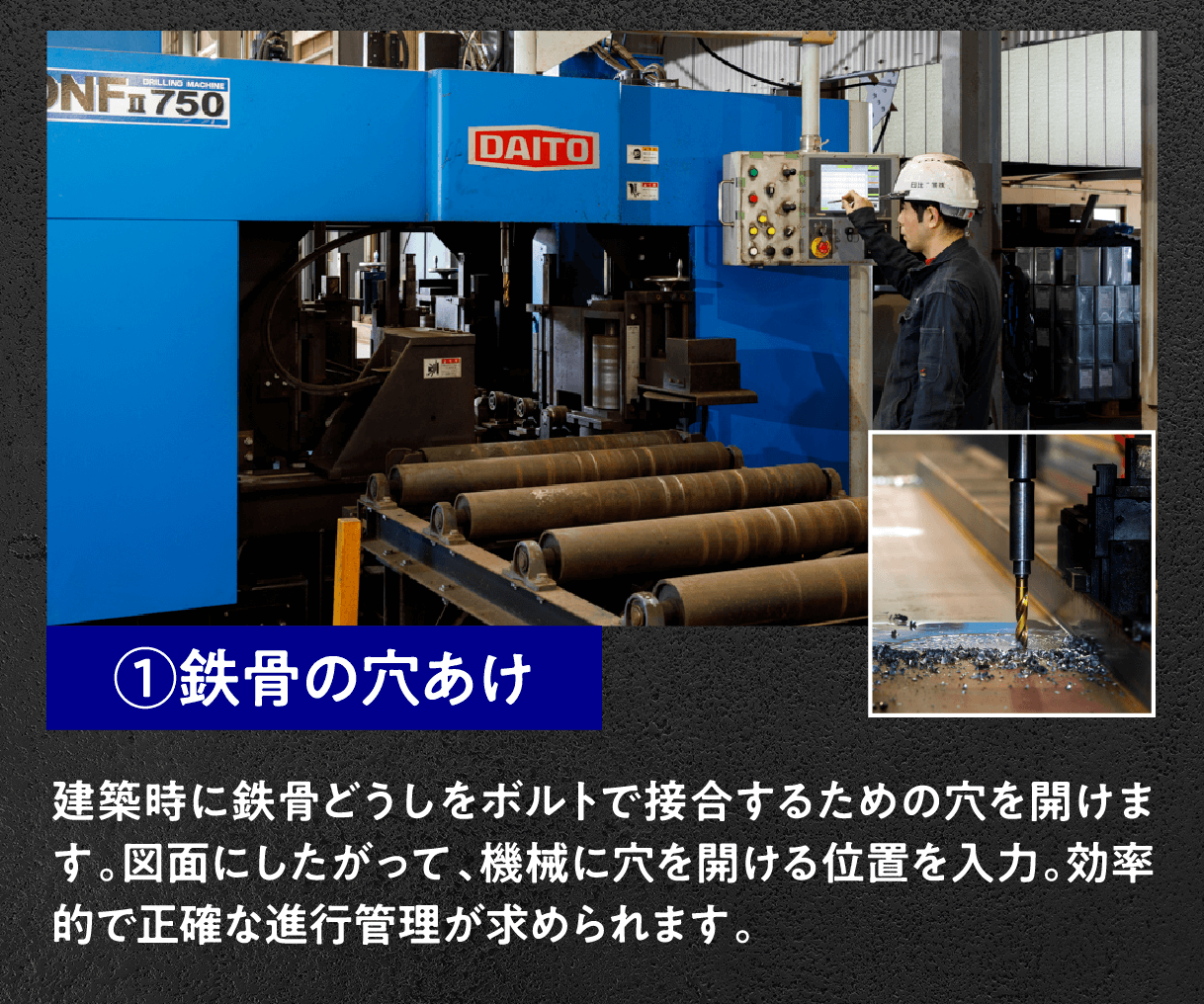 ①鉄骨の穴あけ
建築時に鉄骨どうしをボルトで接合するための穴を開けます。図面にしたがって、機械に穴を開ける位置を入力。効率的で正確な進行管理が求められます。